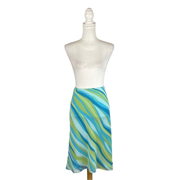 Apostrophe Blue Green Tan Abstract Print A-Line Y2K Knee Length Skirt Low Rise - Picture 1 of 8